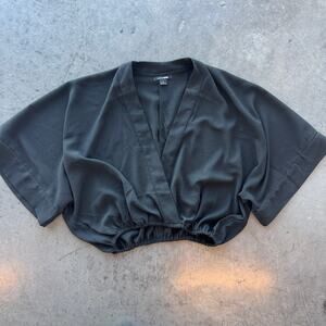 Vintage Y2k Fashion Nova Deep V Black Flowy Night Out Short Sleeve Blouse L